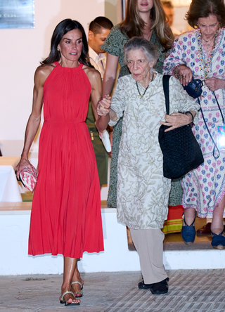 Queen Letizia of Spain, Princess Irene of Greece Crown Pricess Leonor of Spain and Queen Sofia leave the Mia restaurant on August 5, 2023 in Palma de Mallorca, Spain