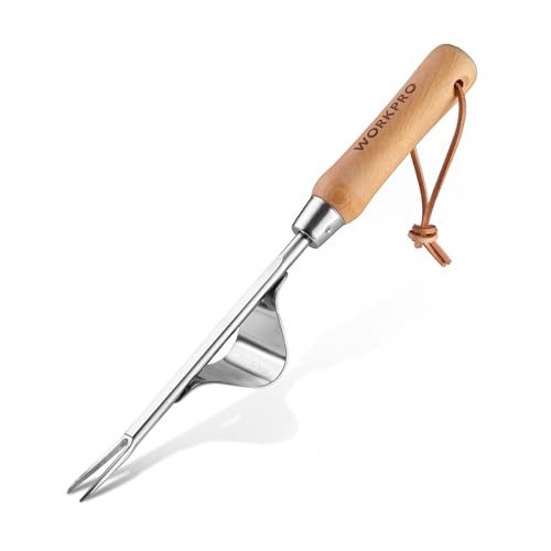 Workpro Weed Remover Tool, Metal Leverage Base and V-Shaped Forks for Easy Weed Removal &amp;amp; Deeper Root Digging, Heavy Duty Stainless Steel Weeder With Wood Handle, Manual Hand Weeder for Gardening