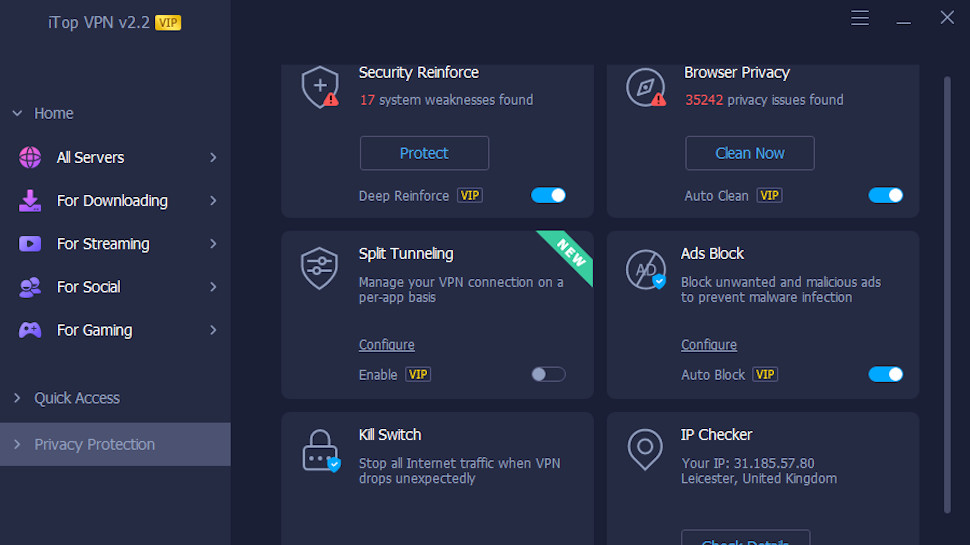 iTop VPN privacy features on Windows app