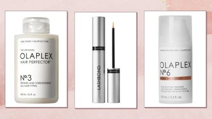 Collage of Olaplex products (L-R) No.3 Hair Perfector, Lash Bond Serum and No.6 Bond Smoother, on a pink watercolour background