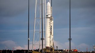 A Northrop Grumman Antares rocket carrying a Cygnus resupply spacecraft is seen at sunrise on Pad-0A at NASA's Wallops Flight Facility in Virginia, on Aug. 7, 2021.