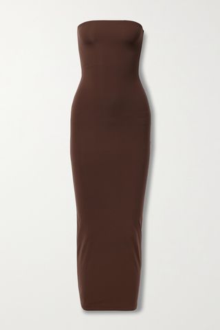 Strapless Stretch-Jersey Midi Dress in Brown