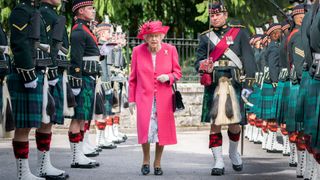 Queen Elizabeth II during an inspection of the Balaklava Company, 5 Battalion The Royal Regiment of Scotland at the gates at Balmoral