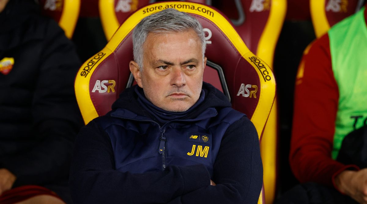 Jose Mourinho, head coach of AS Roma, looks on during the Serie A match between AS Roma and Empoli on 4 February, 2023 at the Stadio Olimpico in Rome, Italy.