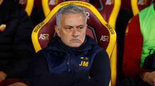 Jose Mourinho, head coach of AS Roma, looks on during the Serie A match between AS Roma and Empoli on 4 February, 2023 at the Stadio Olimpico in Rome, Italy.