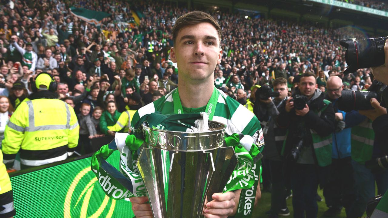 Celtic left-back Kieran Tierney celebrates the Glasgow club’s 2018-19 Scottish Premiership title win 