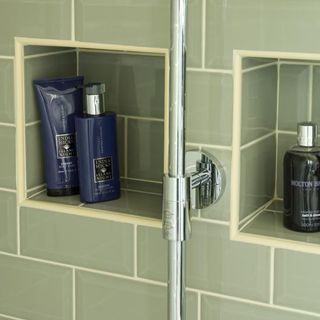 bathroom with storage and shampoo bottle