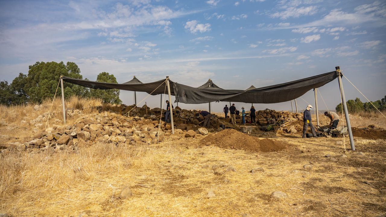Archaeologists and local workers excavate the site of an Iron-Age fort in the Golan Heights. The fort was built out of large basalt boulders and had walls 4.9 feet (1.5 meters) wide.