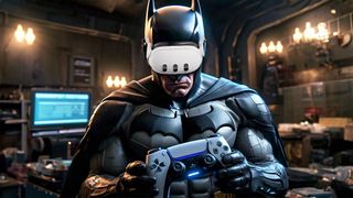 Batman as generated by Meta AI holding a PS5 controller, wearing a Meta Quest 3 headset