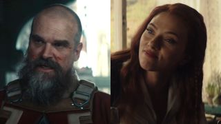 Alexei Shostakov (David Harbour) speaks in Thunderbolts*, while Natasha Romanoff (Scarlett Johansson) makes a point in Black Widow