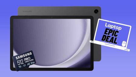 Gray Samsung Galaxy Tab A9 Plus and blue 512GB Samsung Pro Ultimate microsd memory card against blue gradient background.