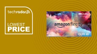 THe Amazon Fire TV 65-inch Omni QLED 4K TV on a yellow background with text saying Lowest Price.