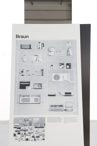 Page of Braun designs on display at Dieter Rams at ADI Design Museum