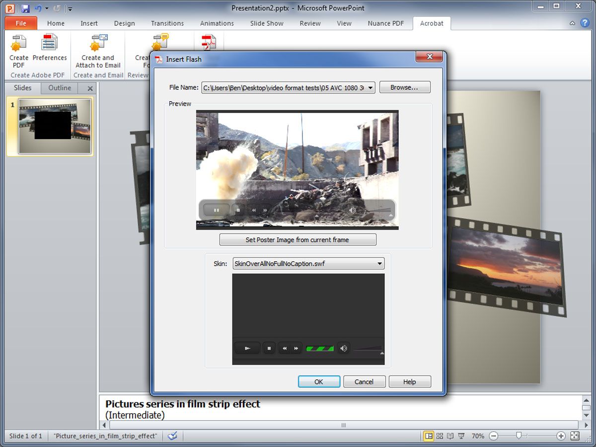 Importing a video to PowerPoint via the Embed Flash button