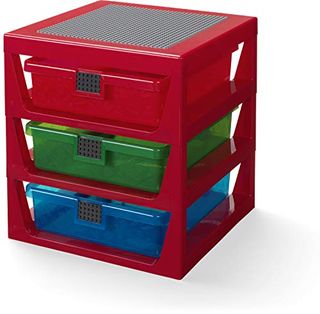 3-Drawer Plastic Storage Rack System the body is red and drawers are red green and blue