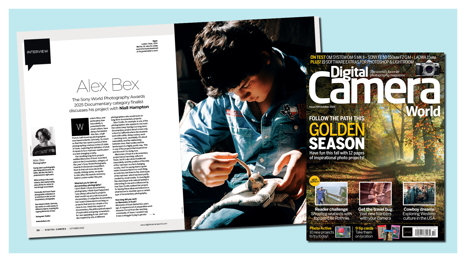 Opening two pages of Digital Camera magazine&#039;s interview with photographer Alex Bex, next to the front cover of issue 299 (October 2025) of Digital Camera, with the heading &#039;Follow the path for Golden Season&#039;
