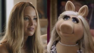 Side by side: Maddie talking to Percy's parents in No Hard Feelings; Miss Piggy talking to Kermit in The Muppets