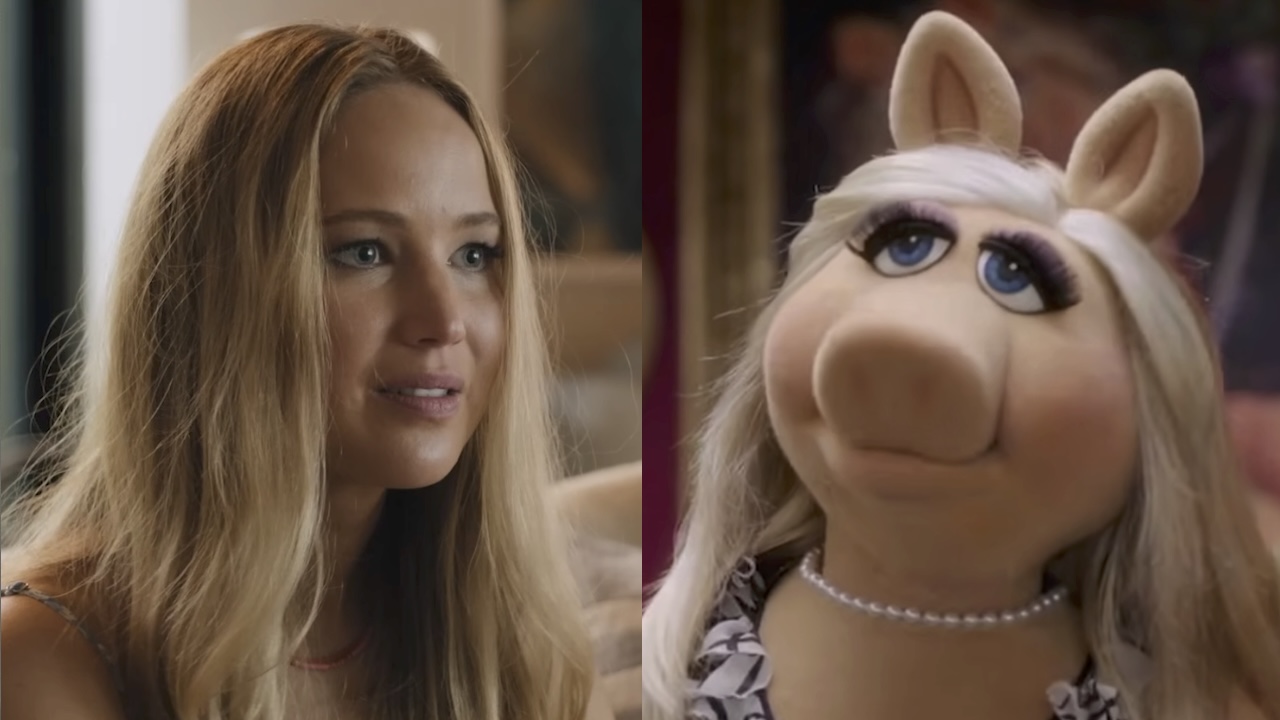 Side by side: Maddie talking to Percy&#039;s parents in No Hard Feelings; Miss Piggy talking to Kermit in The Muppets