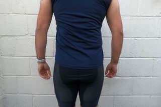Image shows a rider wearing Rapha's Indoor Training T-Shirt