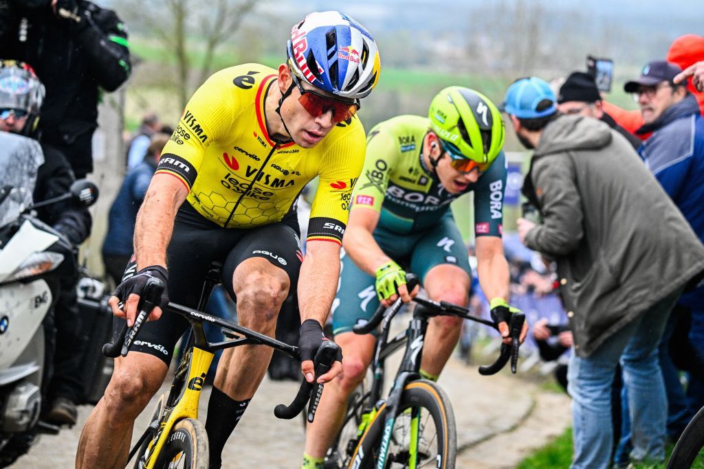 Belgian Wout van Aert of Team Visma-Lease a Bike pictured in action during the 'E3 Saxo Bank Classic' one day cycling race, 207km from and to Harelbeke, Friday 22 March 2024. BELGA PHOTO JASPER JACOBS (Photo by JASPER JACOBS / BELGA MAG / Belga via AFP)