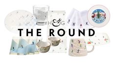 Collection of blue and white ski-themed tableware