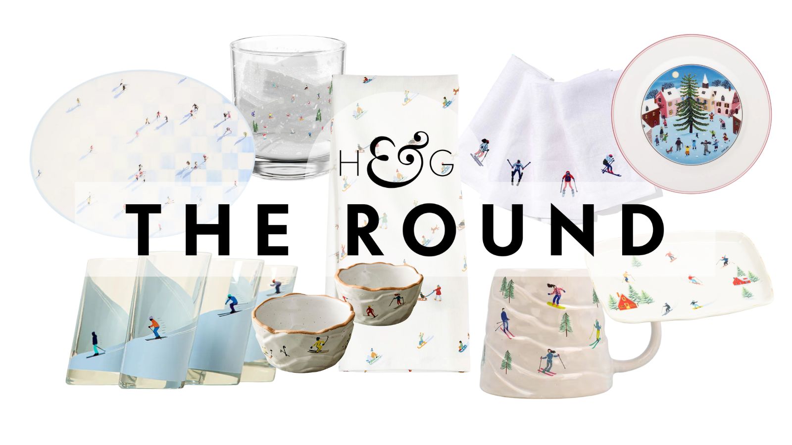 Collection of blue and white ski-themed tableware