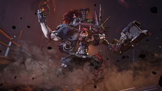 Still from the video game Borderlands 4. A giant mutant cyborg (part machine/part man/part alien) is roaring, fists raised up in the arm. It's a large mech built with an eclectic collection of deadly scraps and weapons.