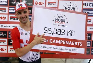 One for the record books: Victor Campenaerts proudly shows off the new Hour Record mark of 55.089km, set at the Aguascalientes velodrome in Mexico in April, 2019