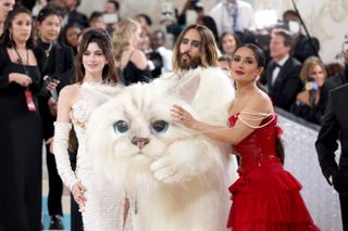 Anne Hathaway, Jared Leto, and Salma Hayek Pinault attend The 2023 Met Gala Celebrating "Karl Lagerfeld: A Line Of Beauty" at The Metropolitan Museum of Art on May 01, 2023 in New York City.