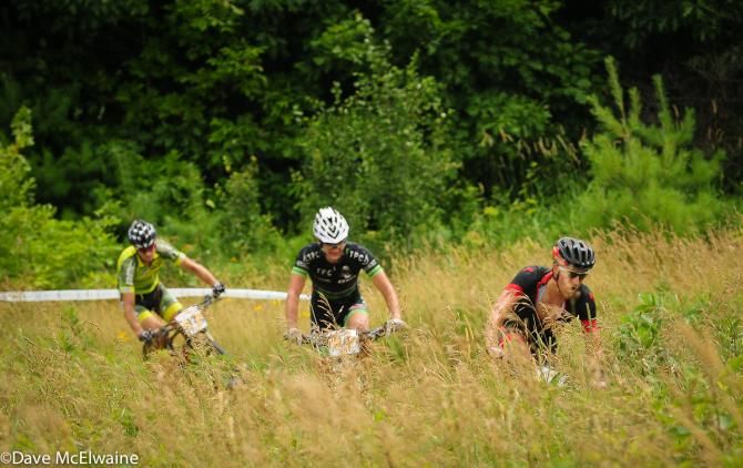 Antoine Caron (Specialized) leading Mitch Hoke and Kerry Werner on lap five