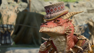 A kobold from Baldur's Gate 3 in a spiffing tophat wears a winning smile.