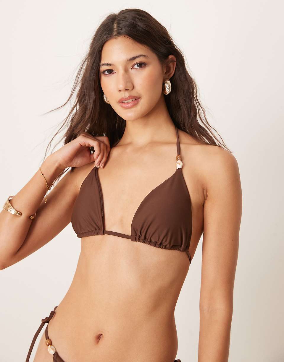 Abercrombie 
Fitch Swim Triangle Bikini Top With Bead Detail Co-Ord in Brown