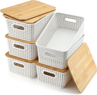 Lidded storage bins with bamboo lids from Amazon