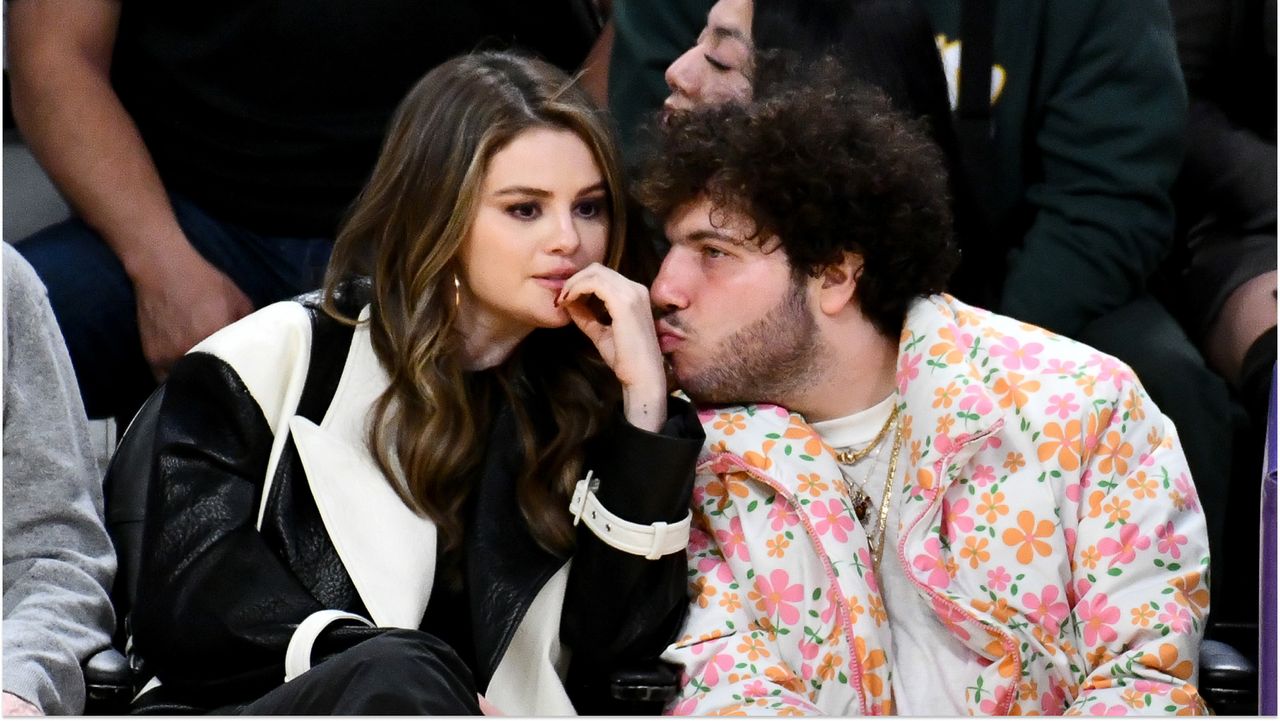 Selena Gomez and Benny Blanco attend a basketball game between the Los Angeles Lakers and the Miami Heat at Crypto.com Arena on January 03, 2024 in Los Angeles, California.