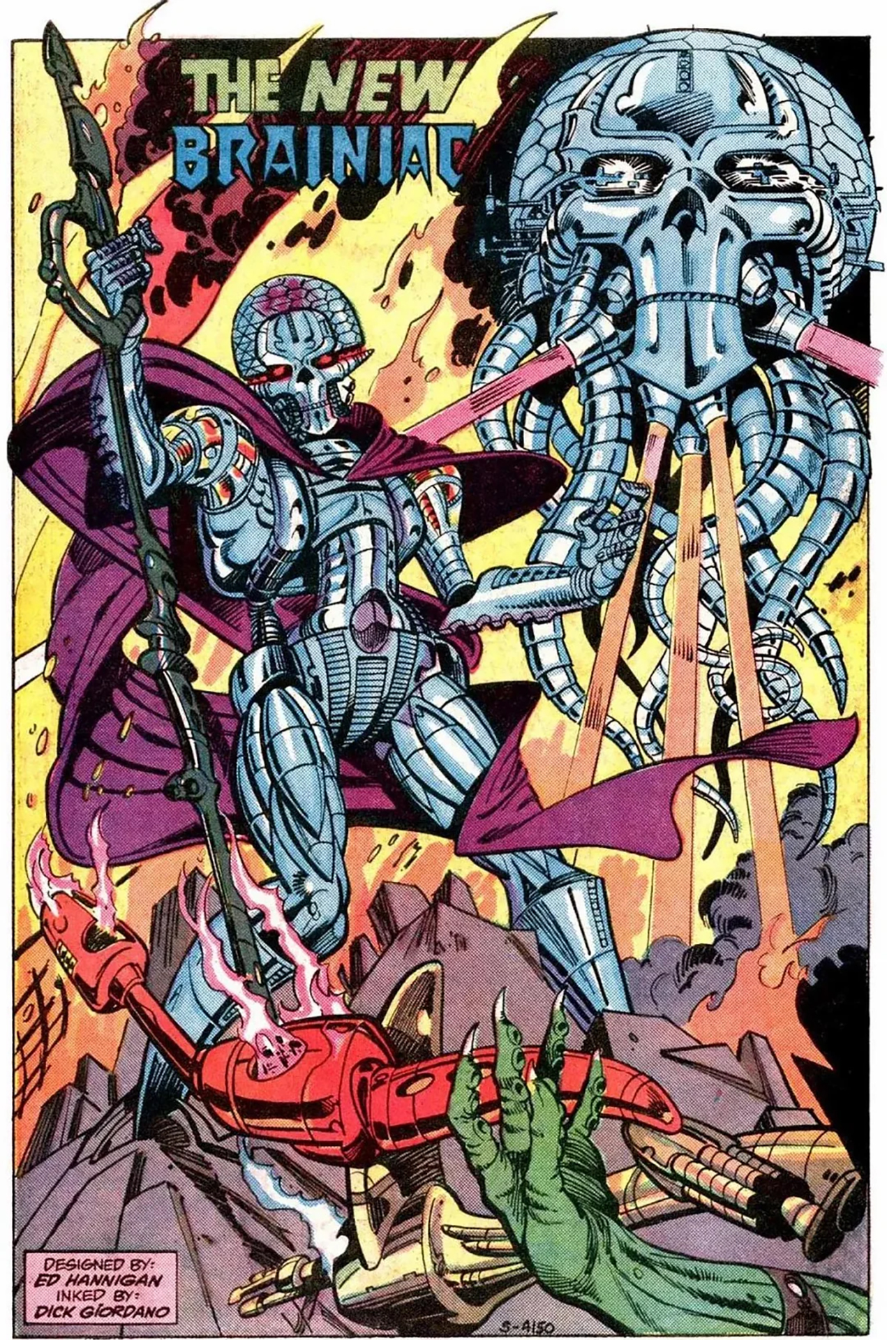 Brainiac in his skeleton-like android form with his Skull Ship overhead raining down destruction