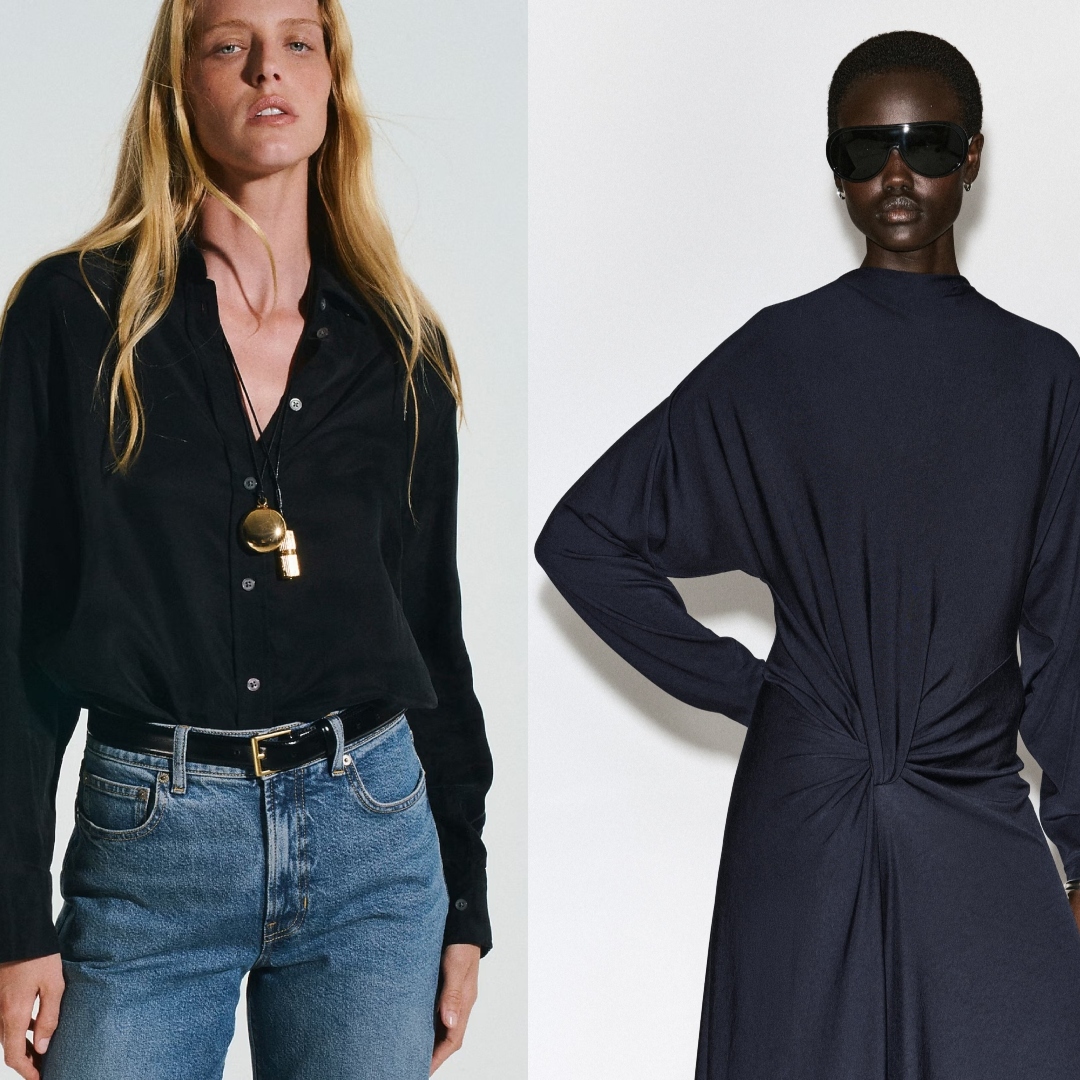 models from J.Crew, Cos, Le Specs campaign, wearing a black button down, blue dress, and small sunglasses