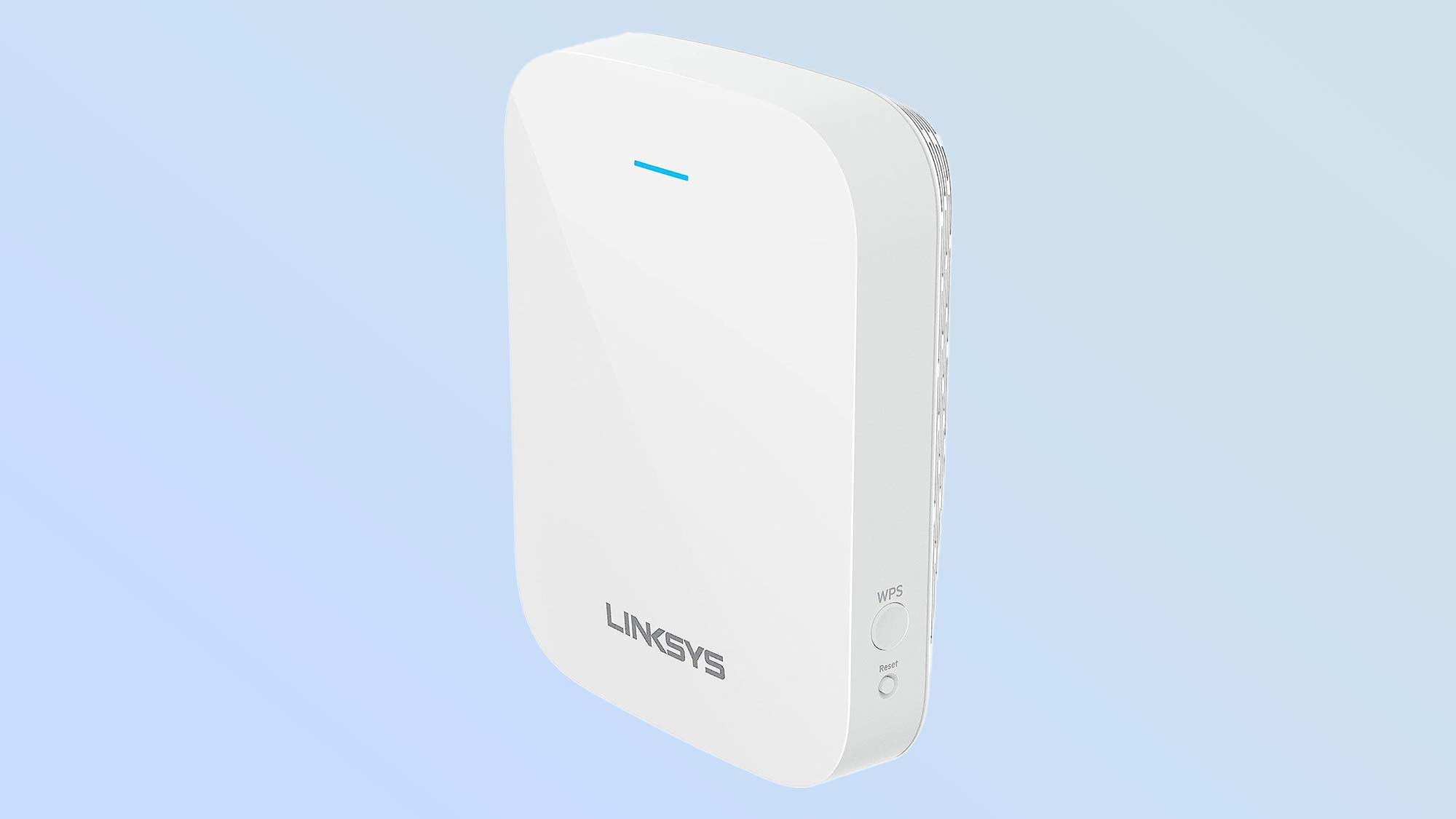 A Linksys RE7350 wi-fi extender isolated on a blue background.