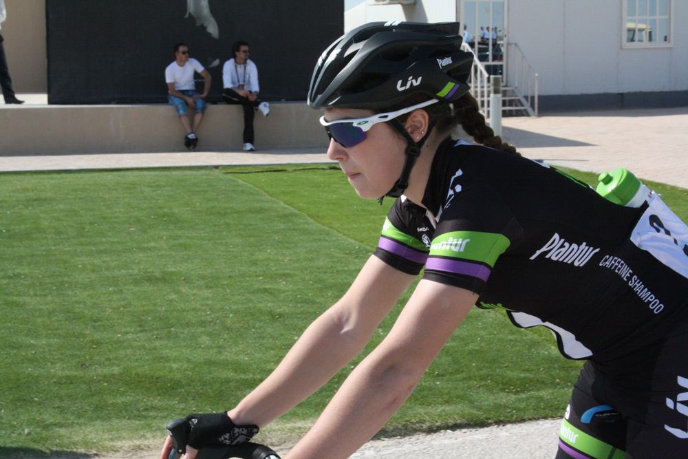 Lucy Garner rides to the start of stage 2 at the Tour of Qatar