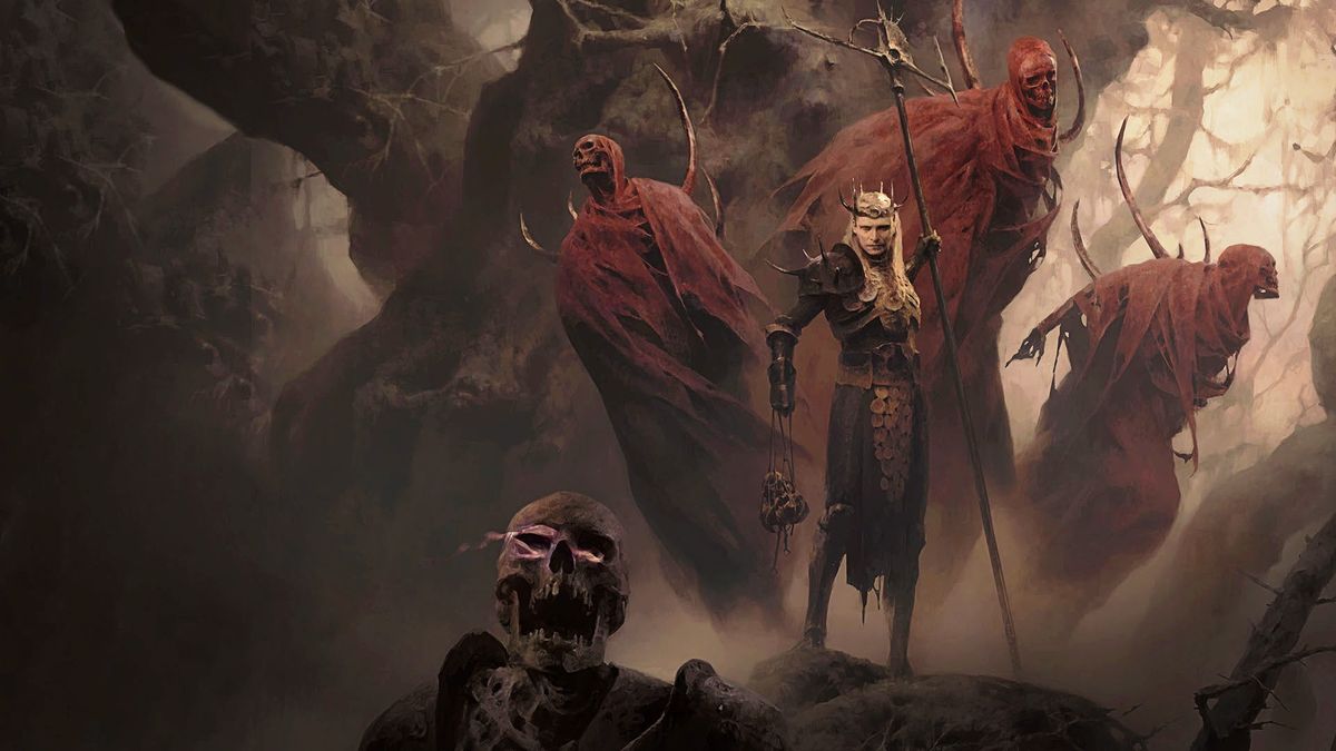 Diablo 4&#039;s Necromancer stands atop a hill surrounded by summoned spirits