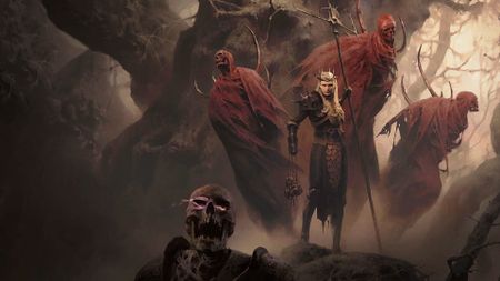 Diablo 4's Necromancer stands atop a hill surrounded by summoned spirits