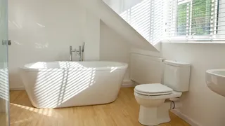 White bathroom with pine wooden floor