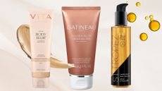 three fake tans for pale skin, including Vita Liberata, gatineau and st tropez pictured with a beige backdrop and a swatch of body blur and drop of serum