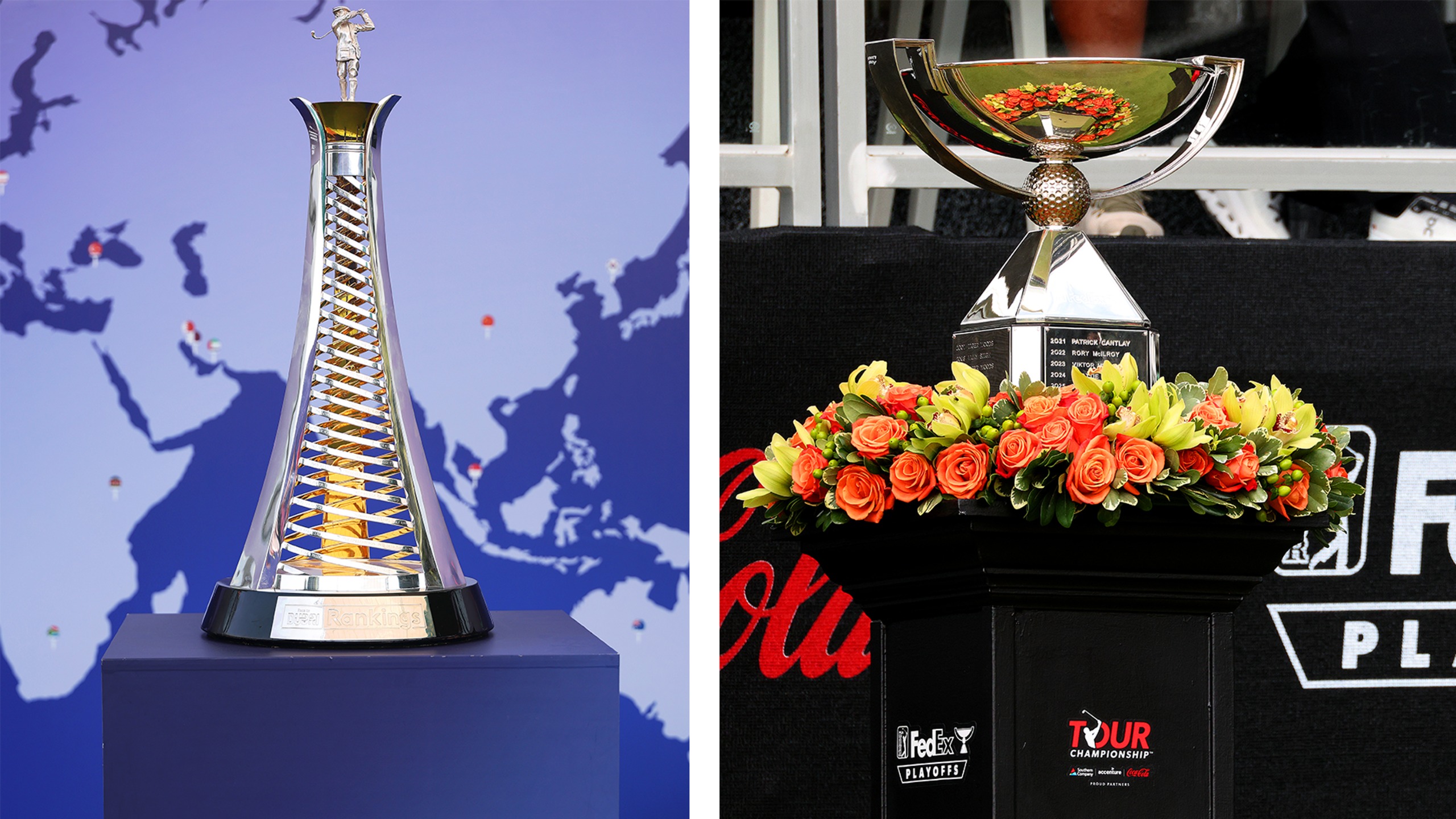 DP World Tour Championship Trophy next to FedEx Cup trophy
