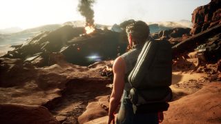 Dune: Awakening circuit power - A custom character with a large backpack overlooking the wreckage of a space ship that's crashed into the sand.