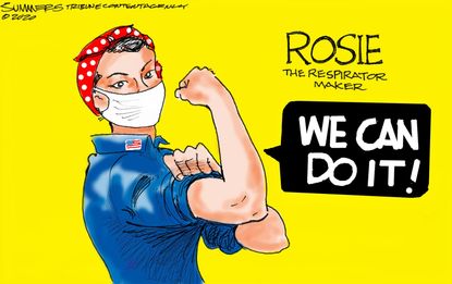 Editorial Cartoon U.S. COVID-19 Rosie the Riveter equipment shortages respirators pandemic factor workers