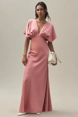 Bhldn Leila Deep-V Flutter-Sleeve Satin A-Line Gown