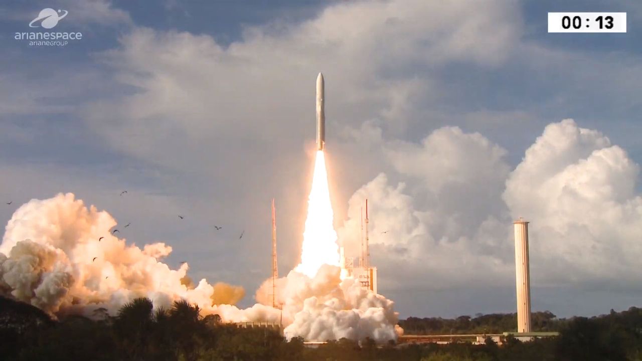 An Ariane 5 rocket designated VA249 launches the Intelsat 39 and EDRS-C communications satellites into orbit on Aug. 6, 2019.