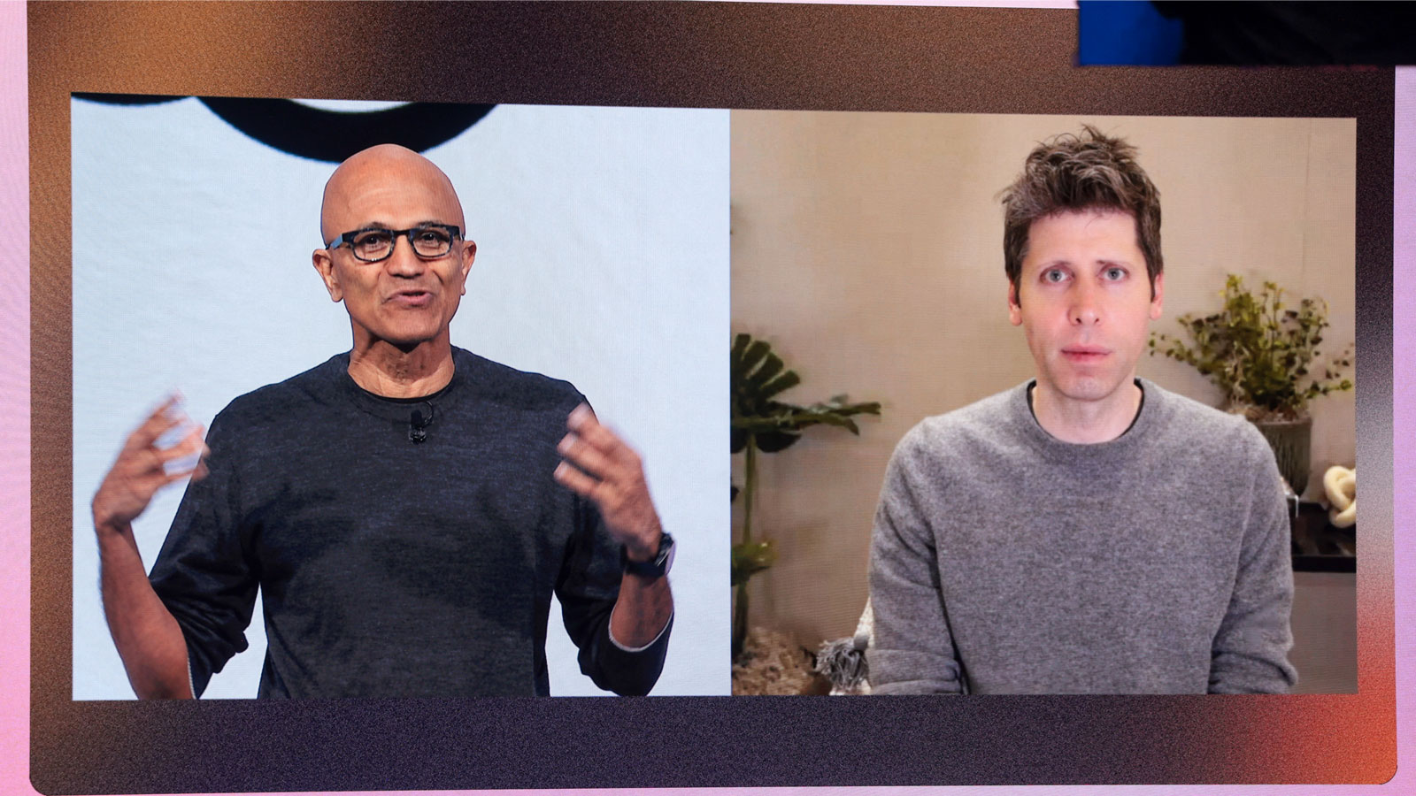 Satya Nadella and Sam Altman on a video conference call.