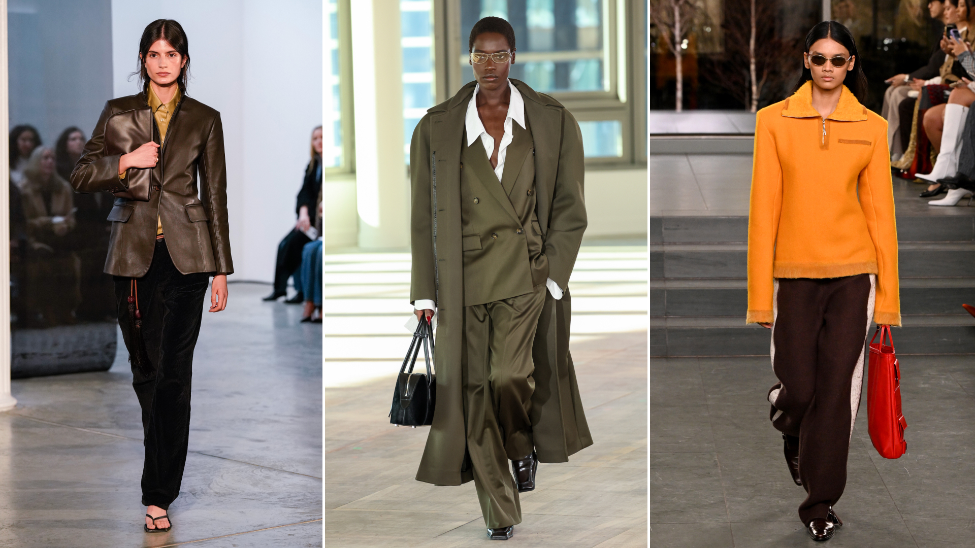 three interpretations of womens suiting seen at kallmeyer, stella mccartney, and tory burch