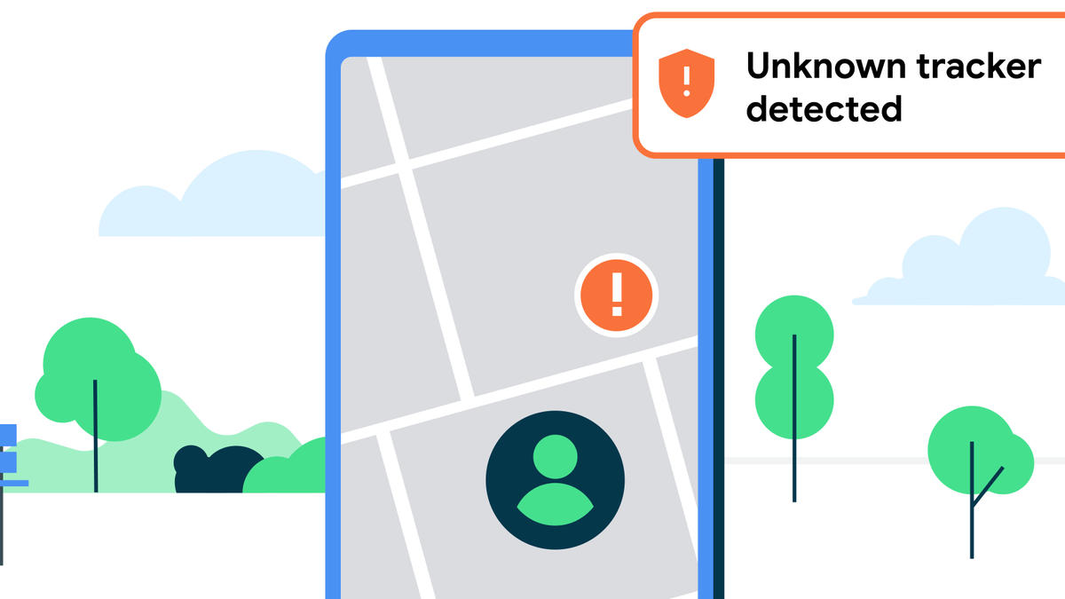 A Phone shows an ! and a green person on a map with a warning &quot;Unknown Tracker Detected&quot;